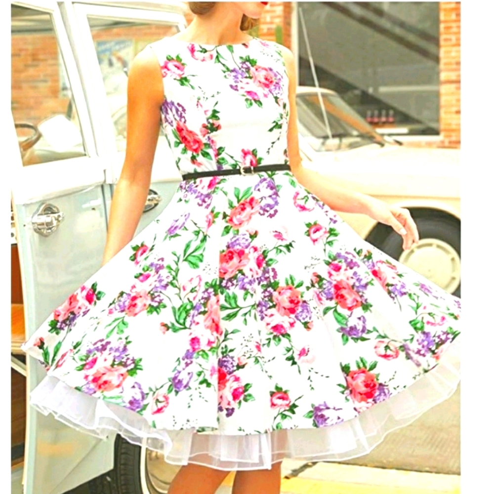 Grace Karin Nwot Retro Insp. White Lav & Pink Floral Sleeveless Fit Flare Dress